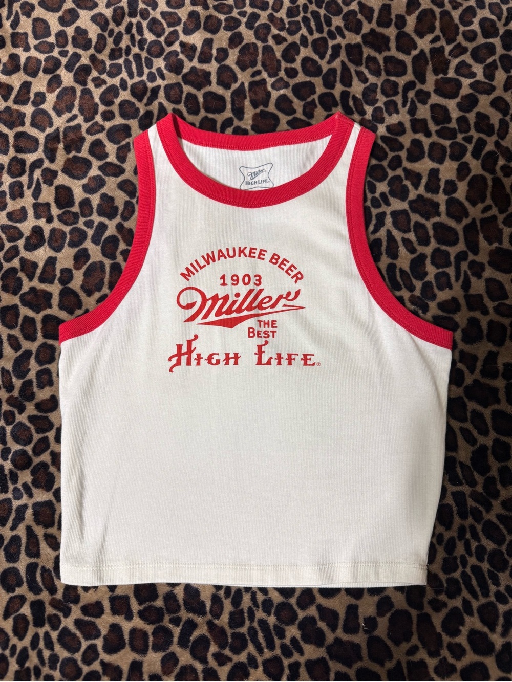 Miller High Life Cropped Tank Top | White & Red Ringer | Women’s Large